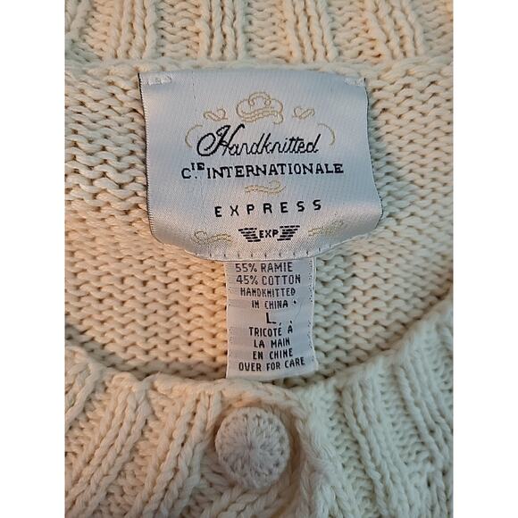 VTG Express Tricot Handknit Cardigan Cream L Patchwork Heart Cottagecore Minimal - Picture 11 of 12